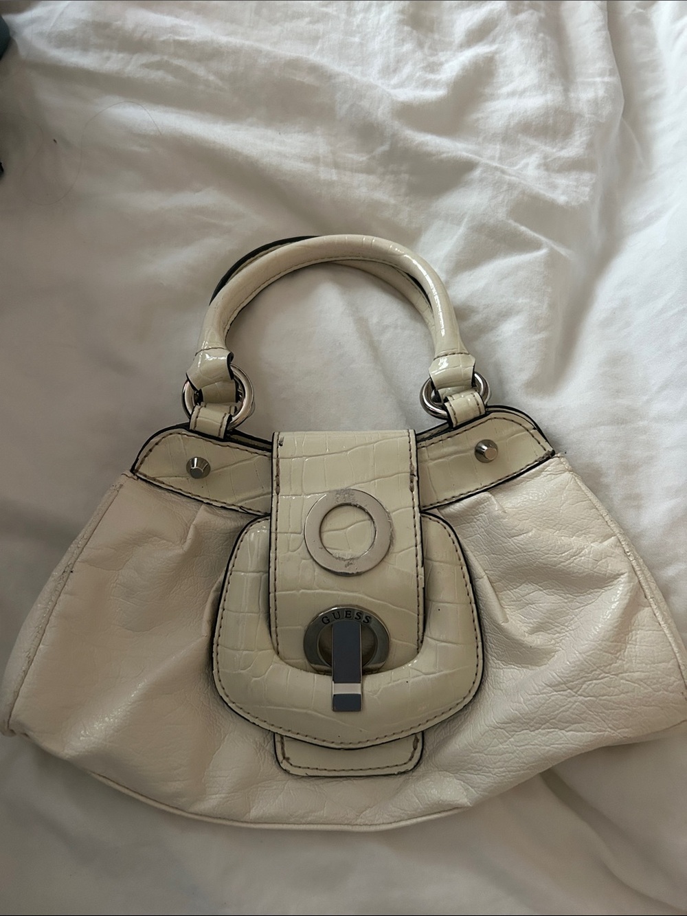 Vintage GUESS Cream Croc-Detail Satchel Handbag